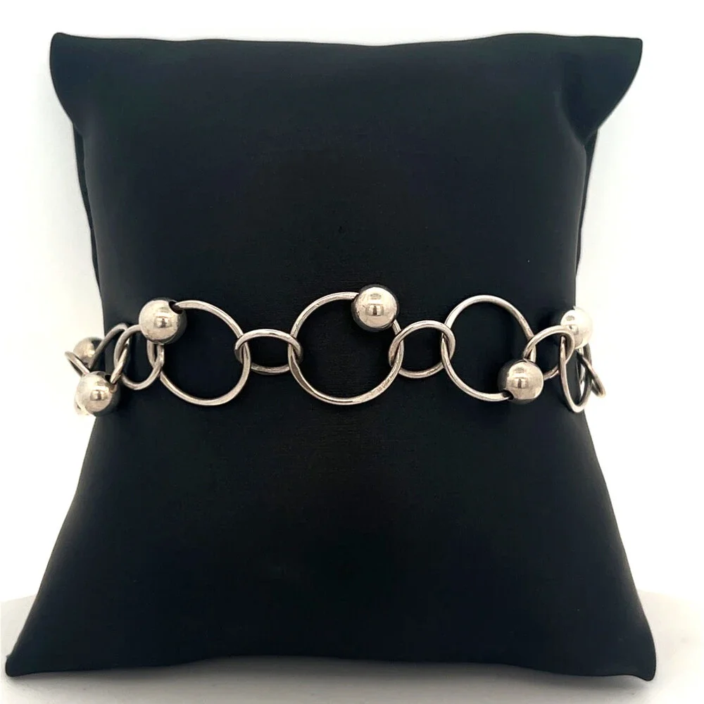 Vintage 925 Sterling Silver Interlocking Circle Bead Station Modernist Bracelet